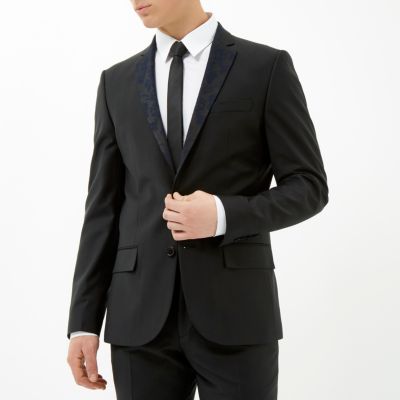 Black floral lapel wool-blend suit jacket